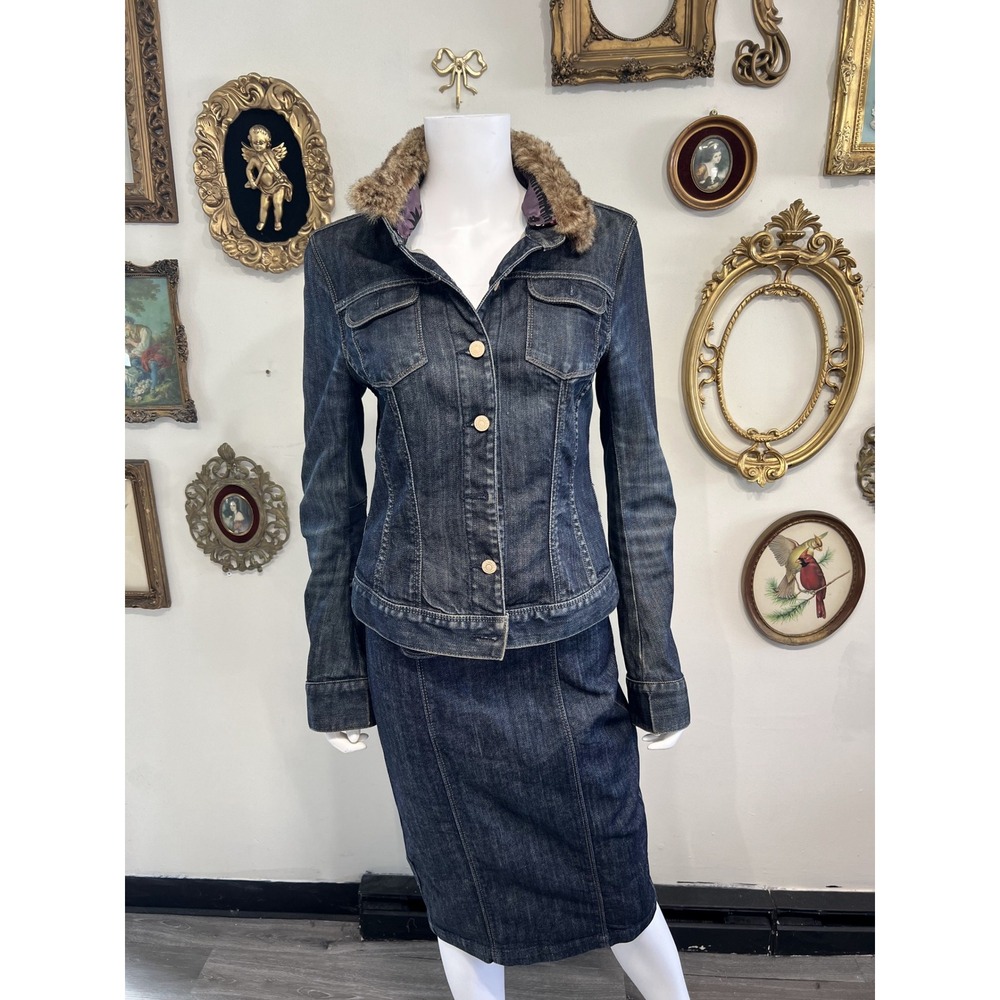 7 For All Mankind Y2K Dark Wash Denim Jacket and Belted Pencil Skirt Set Size 28